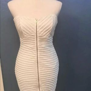 White Strapless Mesh Midi Zip Front Dress